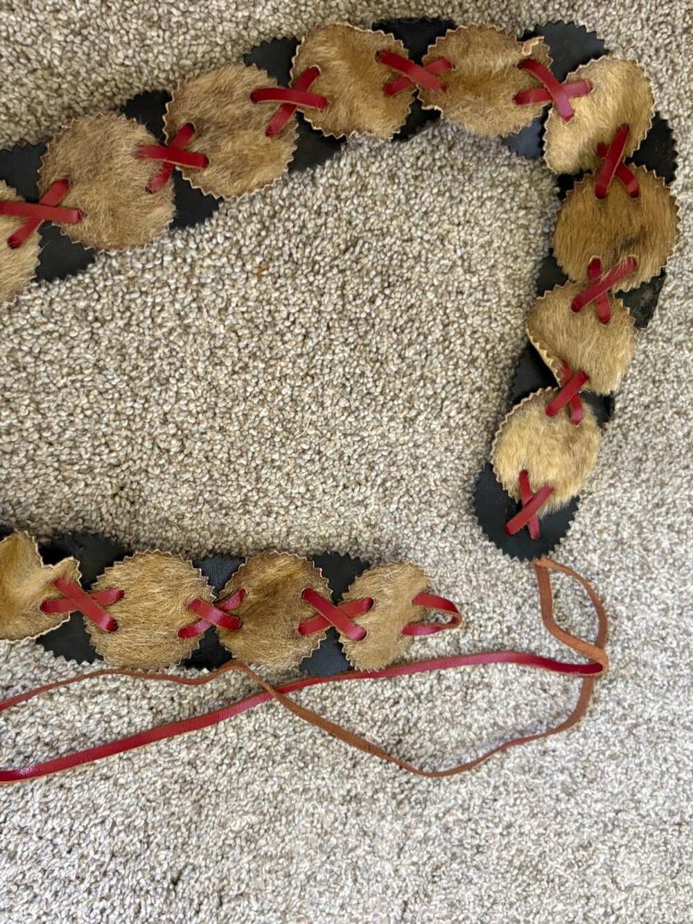 Vintage ? Fur Leather? Inuit Indigenous Hand Crafted Belt Tan & Red Tie Waist
